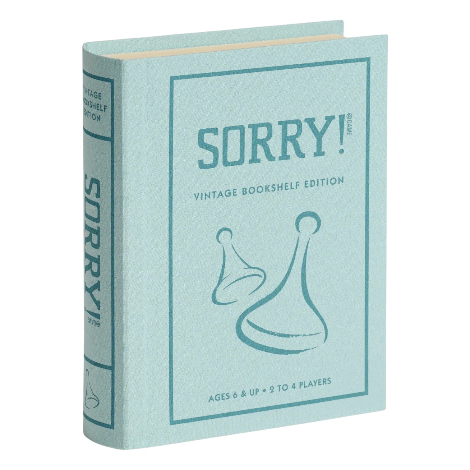 The WS Game Company’s Vintage Bookshelf Board Games features a light blue, fabric-wrapped book-shaped box labeled "SORRY!," with two pawn illustrations—perfect for fans of this classic game and the Vintage Bookshelf collection.