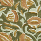 A close-up of fabric with an abstract floral pattern in green, brown, and cream—ideal for upholstering the Bunny Williams Stella Stool.