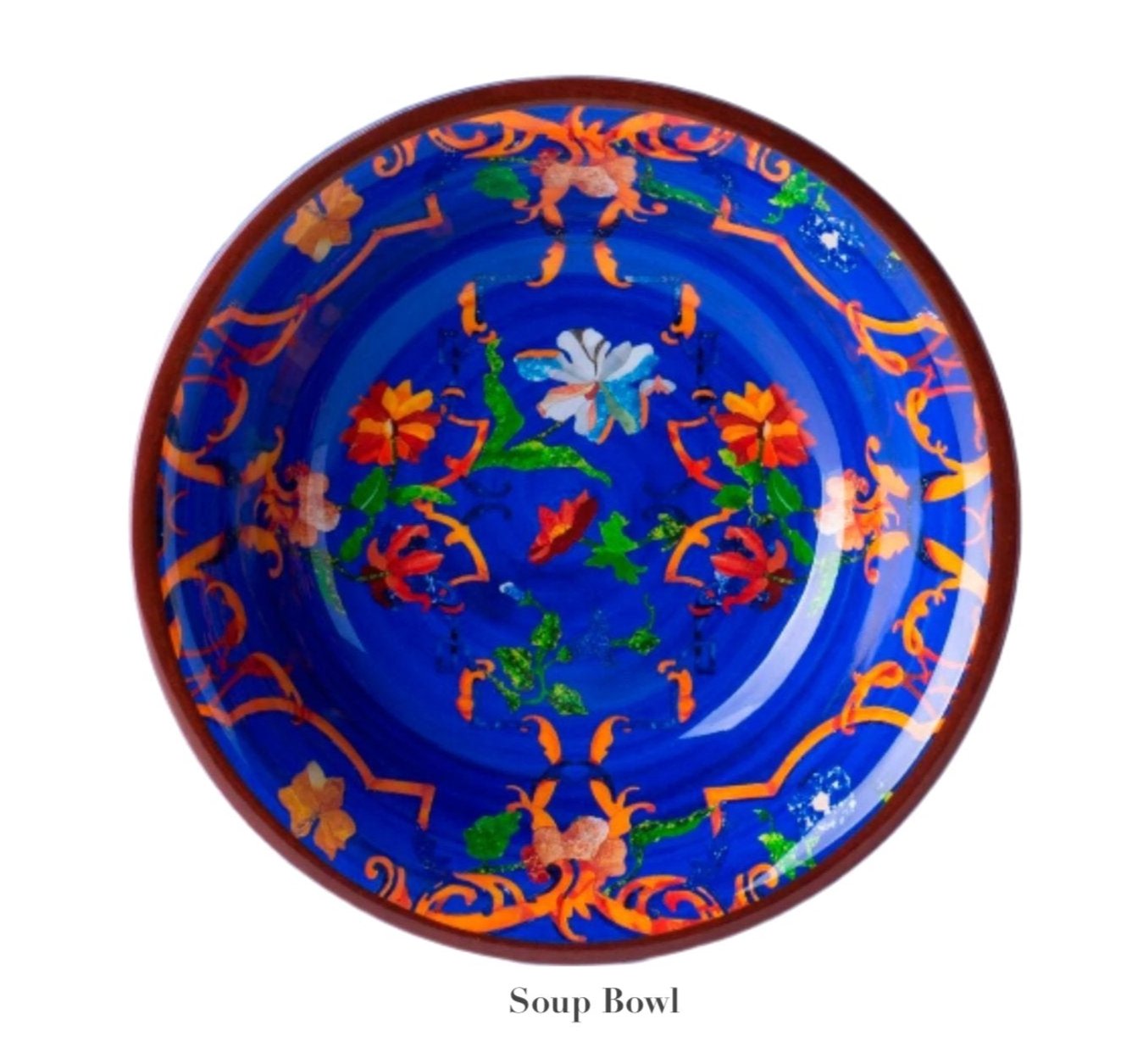 A blue soup bowl from the Mario Luca Giusti Pancale Blue Melamine Dinnerware Collection, featuring orange and red floral patterns, viewed from above.