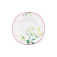 A white ceramic plate with scalloped edge, pink trim, and floral design of green stems and yellow flowers—an elegant piece from the Florenza Impero Dinnerware Collection by Ginori 1735.
