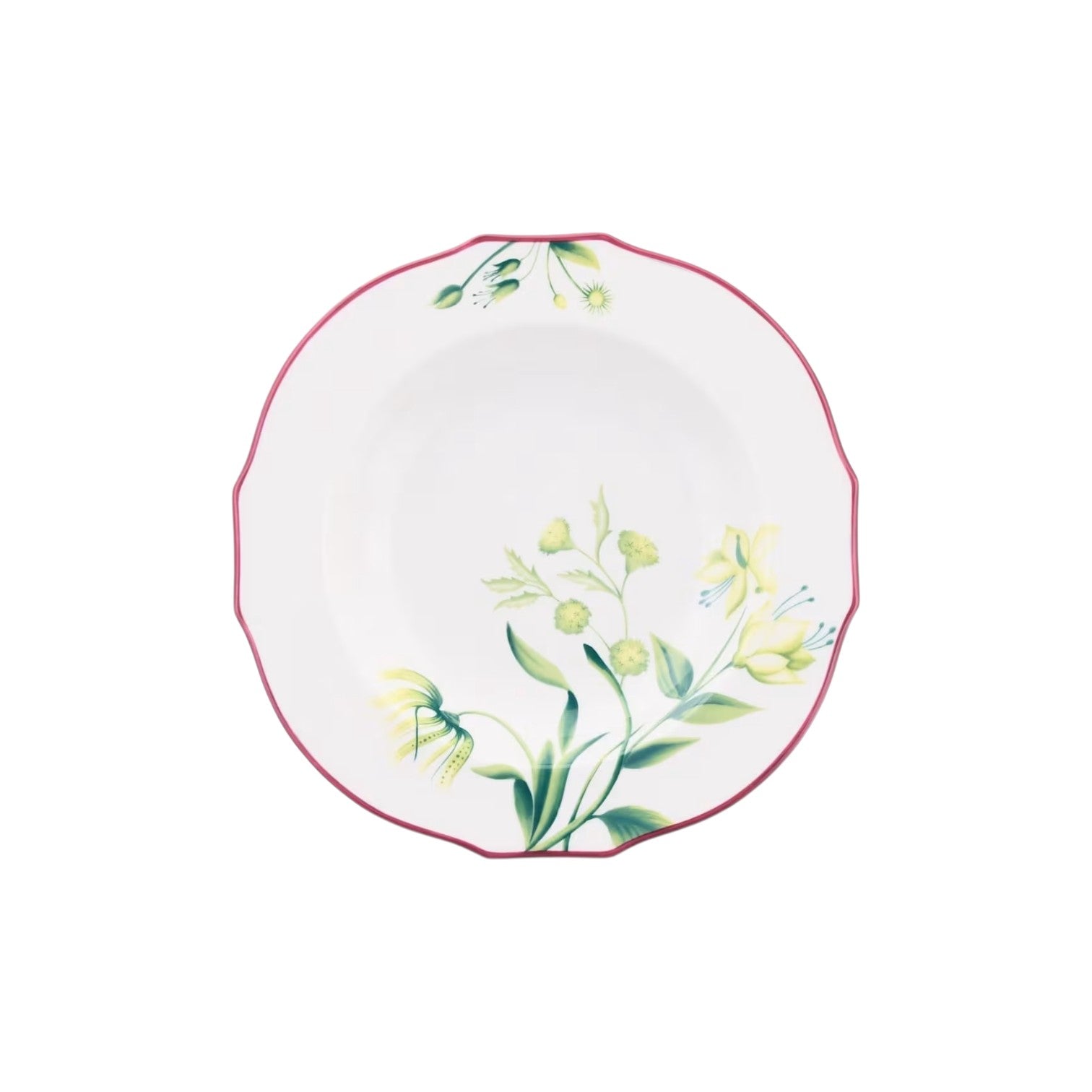 A white ceramic plate with scalloped edge, pink trim, and floral design of green stems and yellow flowers—an elegant piece from the Florenza Impero Dinnerware Collection by Ginori 1735.