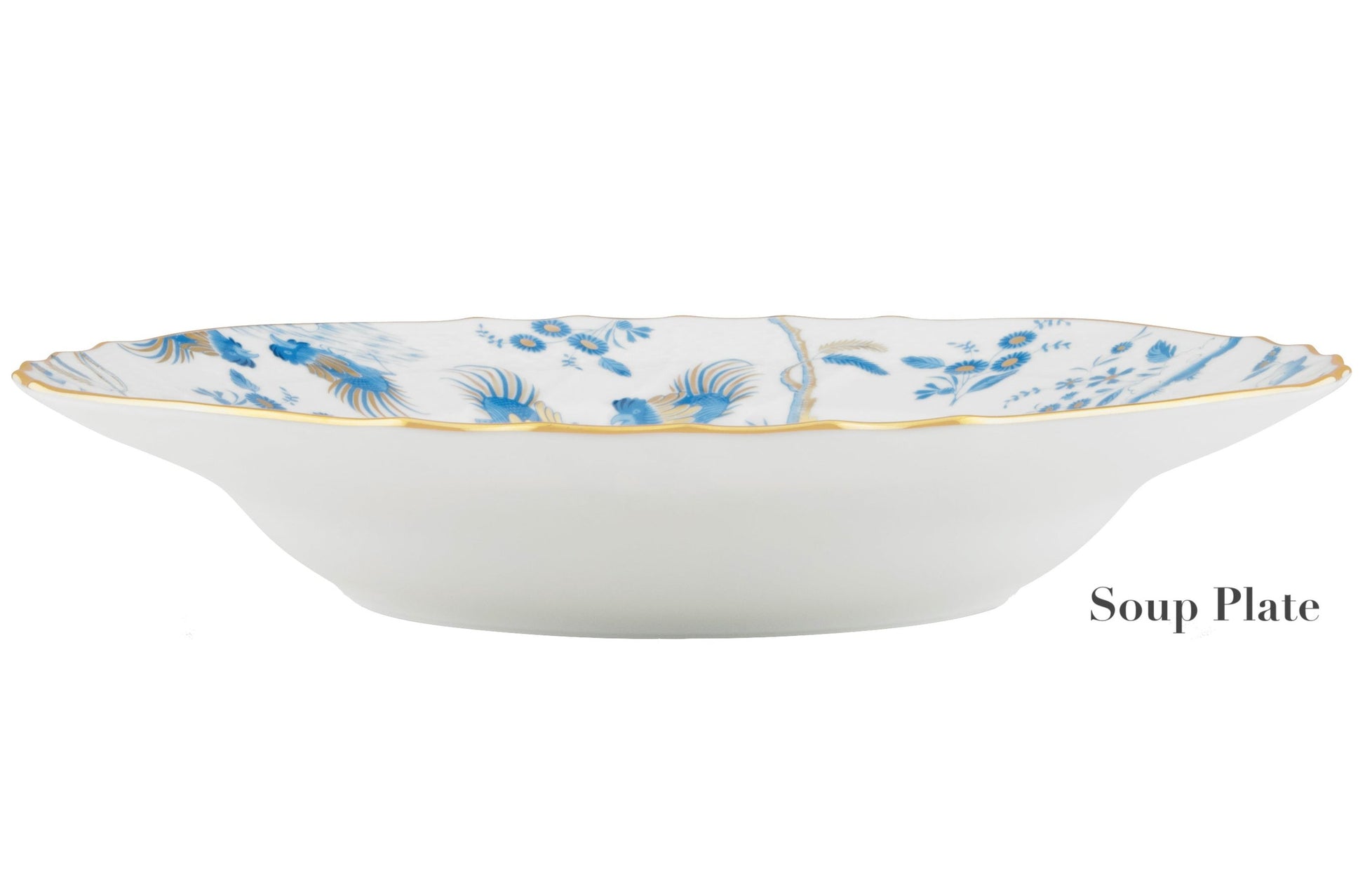 A white ceramic soup plate from the GINORI 1735 Oro Di Doccia Turchese Collection, adorned with a blue floral pattern and gold trim, reminiscent of Ginori 1735's elegant designs. "Soup Plate" is inscribed to the right of the dish, highlighting its classic charm.