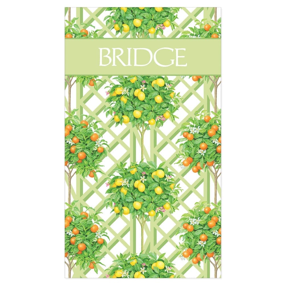 Rectangular card from Caspari's Citrus Topiaries Bridge Collection, featuring "BRIDGE" on a light green banner with a lattice background and citrus trees—ideal for bridge enthusiasts and group card games.