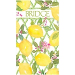 The Limoncello Bridge Collection by Caspari features watercolor yellow lemons with green leaves and pink flowers on white, with "BRIDGE" in green—ideal for bridge enthusiasts and friendly gatherings.