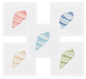 The Speckled Conch Coaster Set by Haute Home features five white linen coasters, each hand embroidered with a vibrant red, blue, green, tan, or light blue seashell—perfect for adding coastal elegance to your table.
