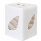 Elevate your linen home decor with the Haute Home Speckled Conch Coaster & Bath Collection: a white square tissue box cover, expertly crafted from premium Italian linen and adorned with embroidered beige seashell designs on two visible sides—an elegant accent set against a plain background.