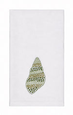 Elevate your linen home decor with the Haute Home Speckled Conch Coaster & Bath Collection. This white cloth napkin is beautifully crafted from luxurious Italian linen and showcases an embroidered green and gold seashell motif centered near the bottom, offering a sophisticated touch that pairs perfectly with matching linen coasters.