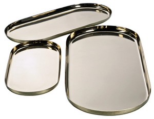 The Park Lane Oval Tray Collection by Zodax features three polished nickel trays of different sizes with rounded edges, shown on a white background.