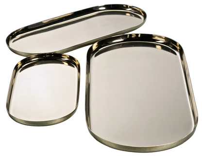 The Park Lane Oval Tray Collection by Zodax features three polished nickel trays of different sizes with rounded edges, shown on a white background.
