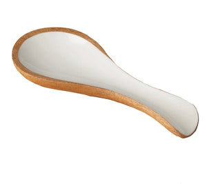 The Be Home Madras Spoon Rest features a white ceramic interior with a brown wooden exterior, ethically crafted and sustainably sourced, displayed on a plain white background.