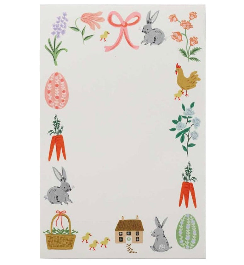 The Rifle Paper Co. Spring Farm Notepad features a charming border of bunnies, carrots, flowers, eggs, chicks, a house, and basket around a blank center—ideal for daily notes with easy tear-off sheets.
