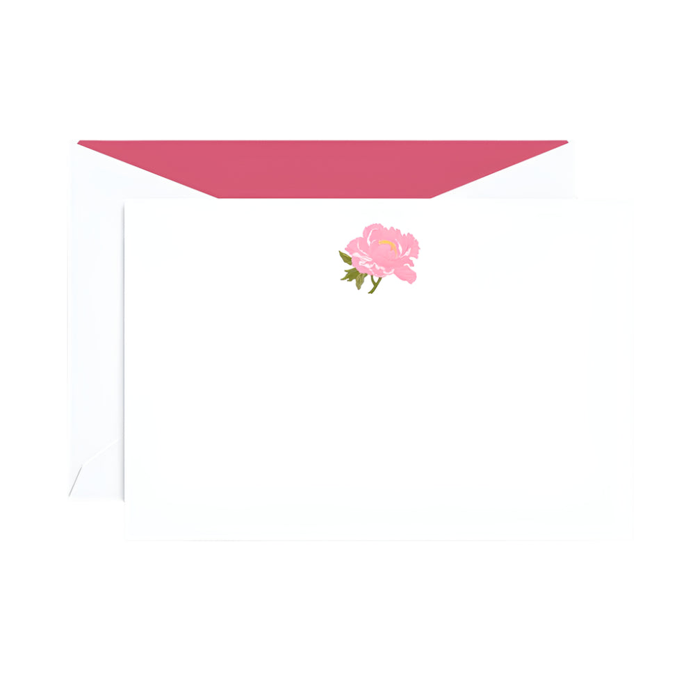 The Crane Peony Flat Note Card Set by Crane features white notecards with a pink peony illustration at the top and matching envelopes with pink lining—an elegant choice for any occasion.