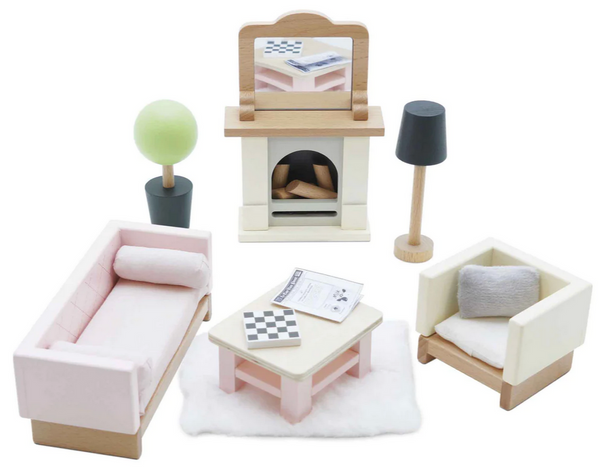 A stylish dollhouse with cozy furniture and a mirror.