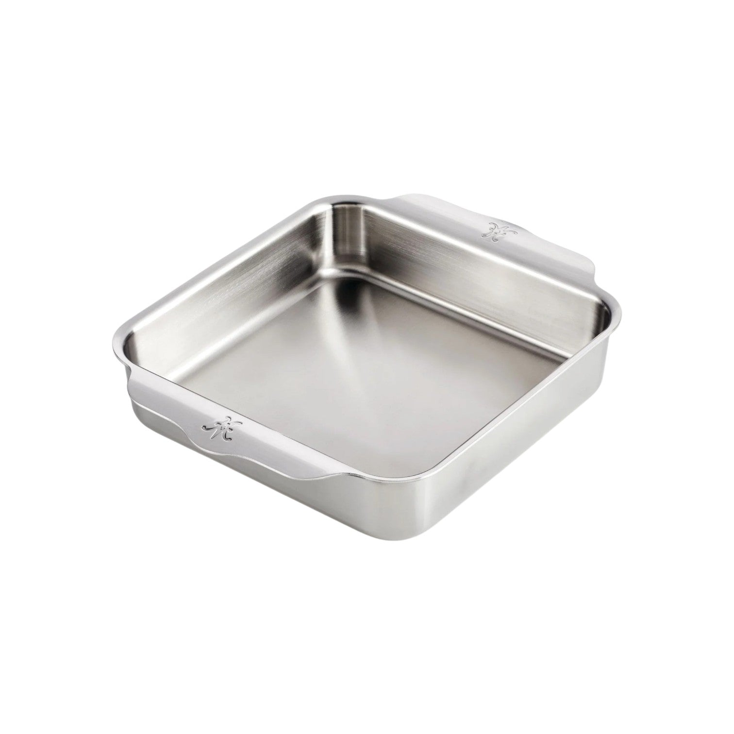 The Hestan Provisions OvenBond Square Baking Pan, made of stainless steel with two wide handles, is ideal for homemade cinnamon rolls or holiday entertaining. Shown empty on a white background.