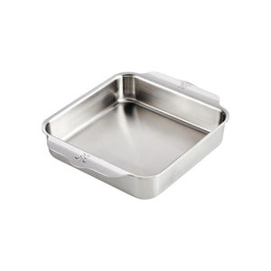 The Hestan Provisions OvenBond Square Baking Pan, made of stainless steel with two wide handles, is ideal for homemade cinnamon rolls or holiday entertaining. Shown empty on a white background.