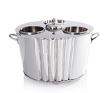 The Zodax Alsace Three Bottle Wine / Champagne Cooler in Polished Nickel features two side handles, three open compartments, and a central lidded section—an elegant addition to any home bar.