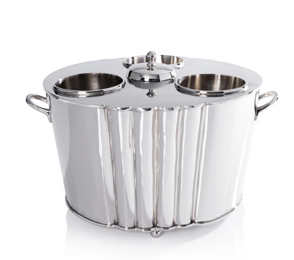 The Zodax Alsace Three Bottle Wine / Champagne Cooler in Polished Nickel features two side handles, three open compartments, and a central lidded section—an elegant addition to any home bar.