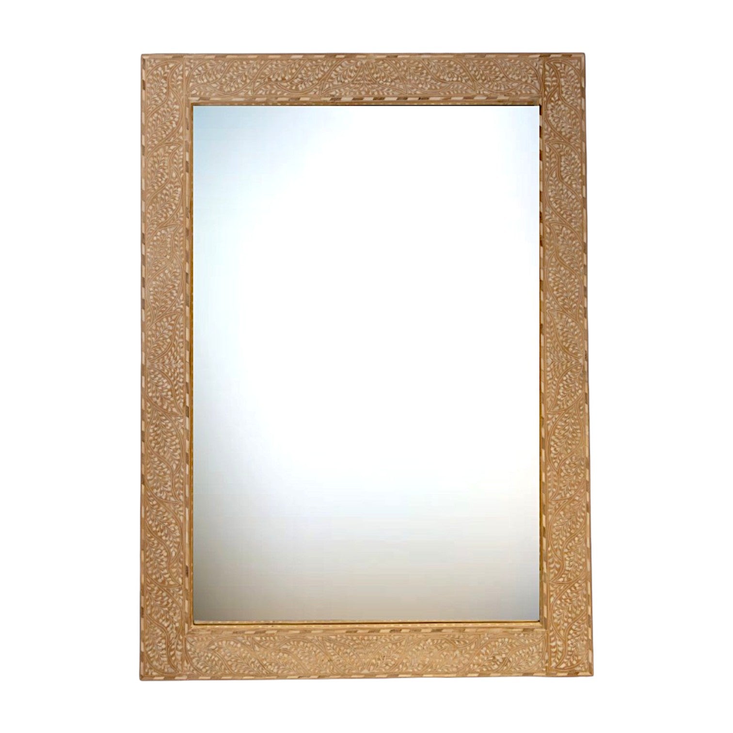 The Bojay SQ180 Inlay Mirror features a thick, textured, light brown rectangular frame with a simple decorative pattern, set against a white background—making it the perfect wall accent and an elegant piece to elevate any space.