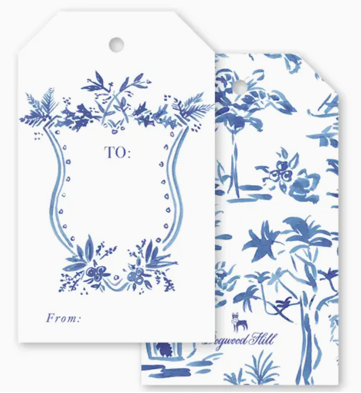 Two rectangular Blue Toile Gift Tags by Dogwood-Hill; one features a “To:” and “From:” writing area, while the other displays an all-over blue and white botanical print.
