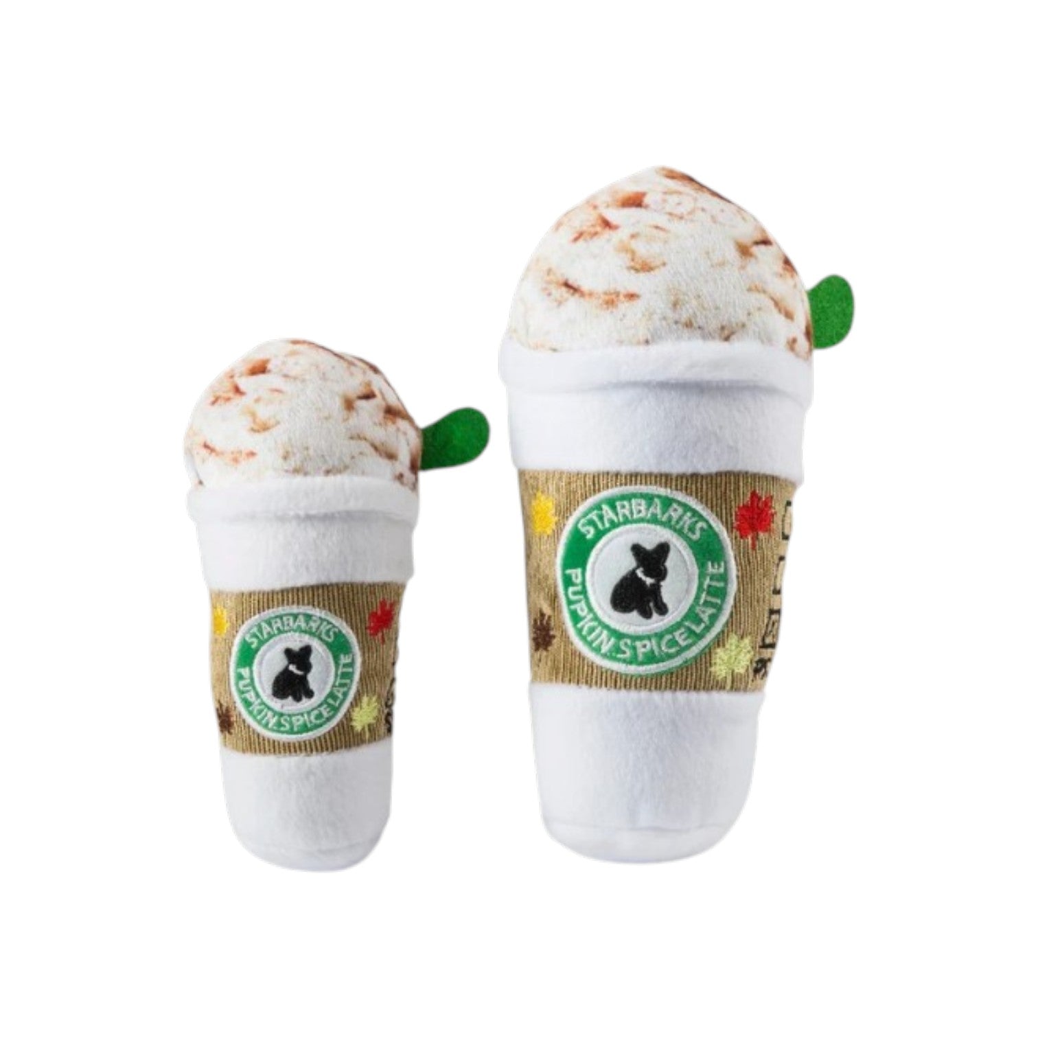 Two plush toys from Haute Diggity Dog, shaped like pumpkin spice lattes with whipped cream tops and a maple leaf graphic, feature the adorable Starbarks Pupkin Spice Latte design and are displayed on a white background.