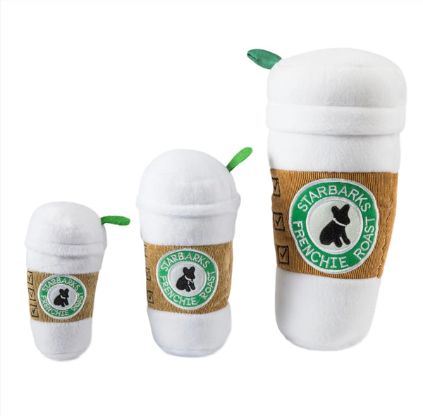 Three Haute Diggity Dog Starbarks Coffee Cup Plush Dog Toy Collection designed to resemble coffee cups in increasing sizes with a "Starbarks Frenchie Roast" label, each featuring a squeaker toy inside.
