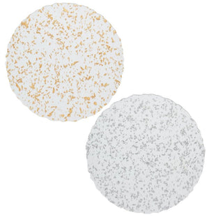 Part of the Kim Seybert Stardust Placemat Collection, these two hand-crafted round white plates showcase captivating speckled designs—one adorned with glistening gold and the other shimmering in silver, bringing celestial elegance to your dining experience.