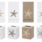 Four decorative hand towels and four tissue box covers from the Haute Home Starfish Coaster & Bath Collection, each featuring a starfish design in beige, blue, or green tones, crafted from luxurious Italian linen and ideal for elevating your linen home decor, displayed on a white background.