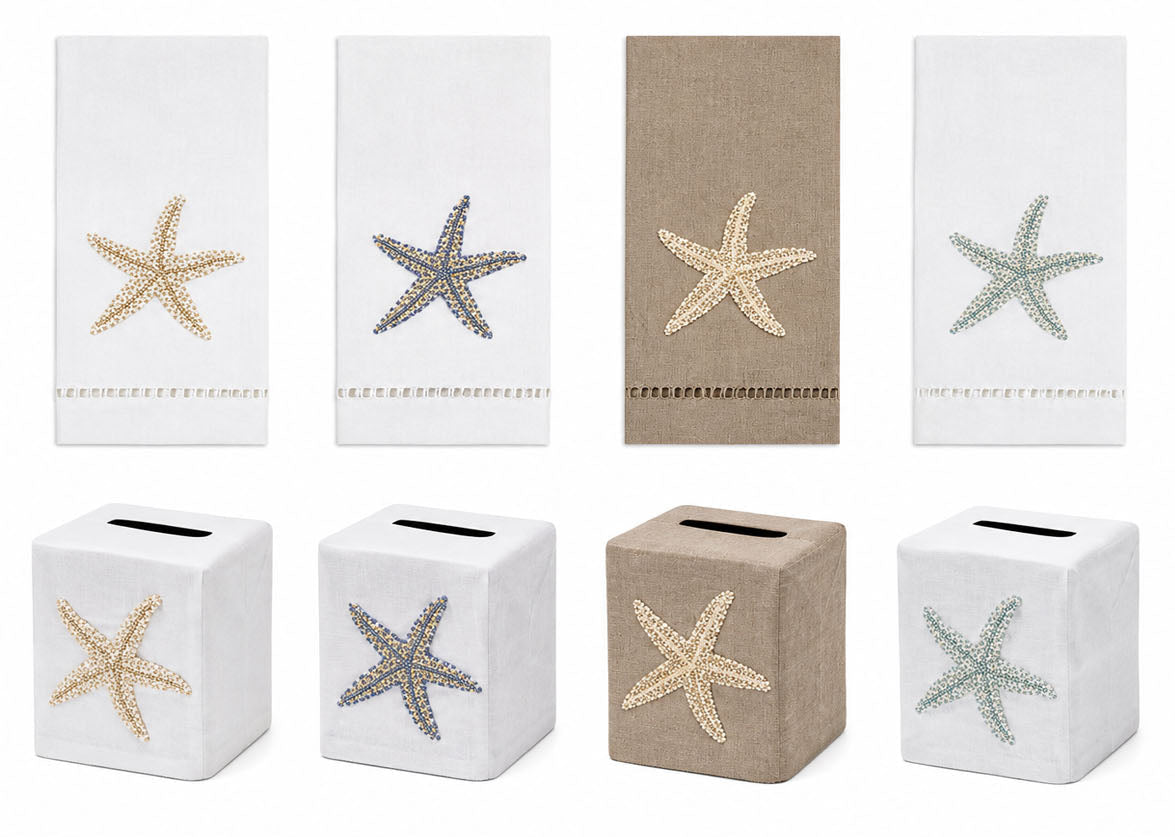 Four decorative hand towels and four tissue box covers from the Haute Home Starfish Coaster & Bath Collection, each featuring a starfish design in beige, blue, or green tones, crafted from luxurious Italian linen and ideal for elevating your linen home decor, displayed on a white background.