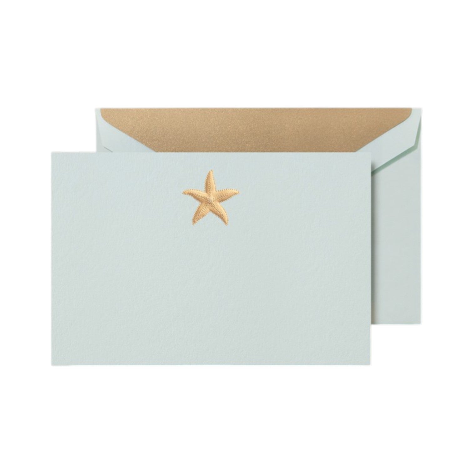 The Crane Gold Starfish Beach Glass Flat Card Set features a pale blue card with a gold embroidered starfish, paired with a matching envelope and gold interior—a beach stationery collection perfect for any occasion.