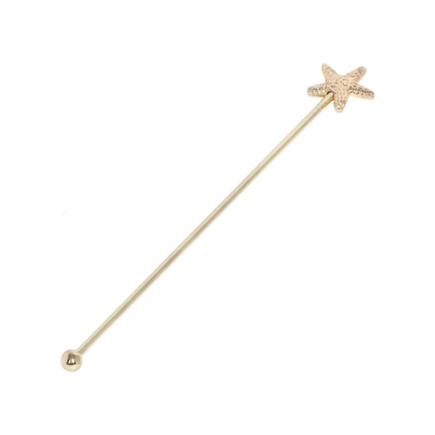 The Zodax Drink Stirrer features a gold pin with a starfish-shaped ornament on one end and a round ball on the other, photographed against a white background—ideal as a coastal bar accessory or nautical decor for beach-themed settings.
