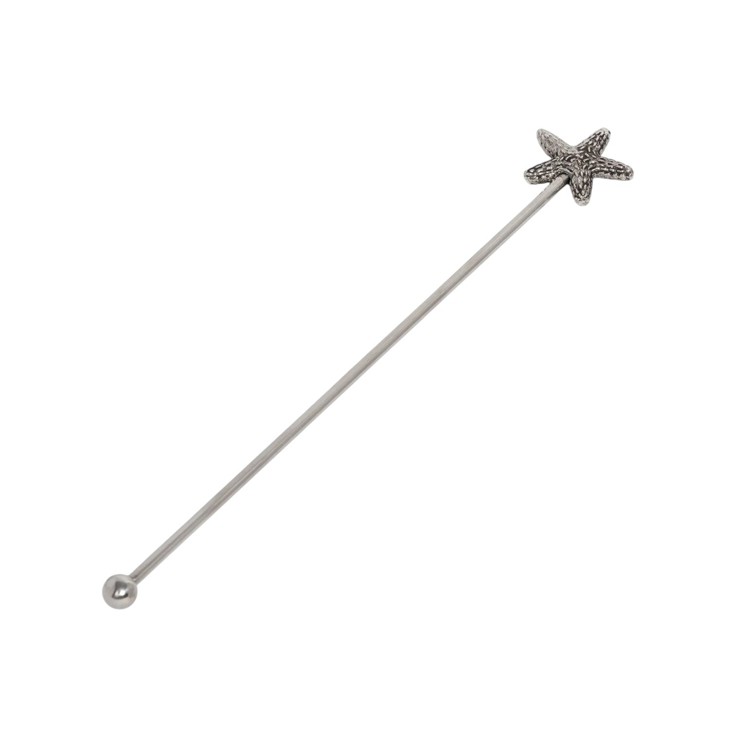 The Zodax Drink Stirrer features a metal stick design with a starfish detail at one end and a small round ball at the other, making it an ideal nautical accent for beverages.