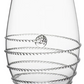 Clear glass tumbler from Juliska’s Amalia Drinkware Collection, featuring a raised spiral pattern and a small textured circular accent.