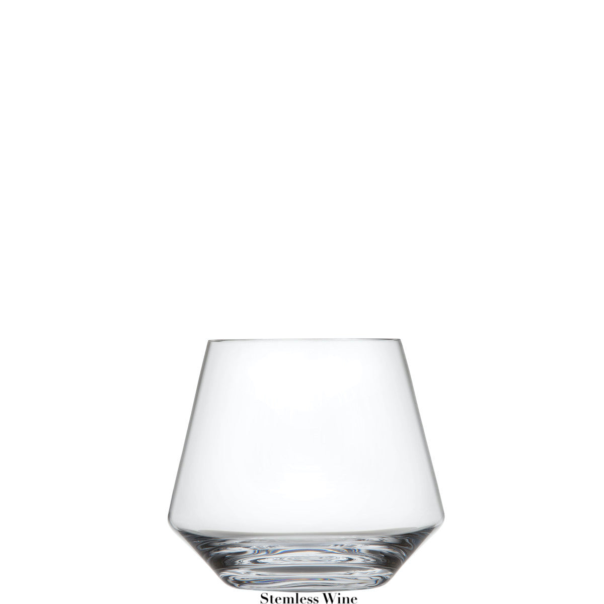 A clear stemless wine glass from the Fortessa Pure Collection sits centered on a white background, showcasing refined postmodern tabletop aesthetics in durable Tritan Crystal.