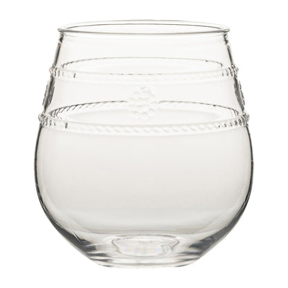 The Isabella Clear Acrylic Drinkware Collection by Juliska features stemless tumblers with two textured horizontal bands and a small embossed dot pattern—ideal for the adventurous entertainer.
