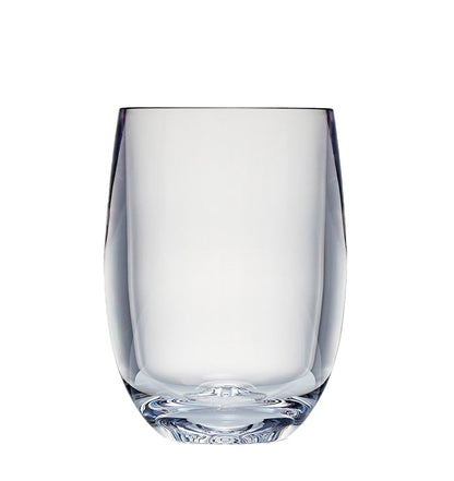 The Bold Oasis Acrylic Drinkware Collection features a clear, empty tumbler against a white background, highlighting its modern design perfect for use as a stylish stemless wine tumbler.