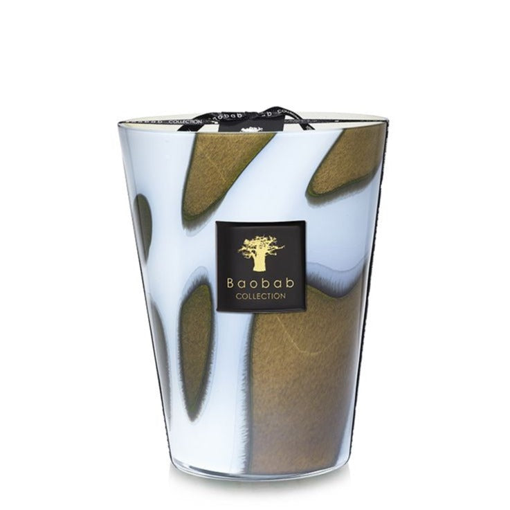 A scented Baobab Collection Stones Agate Candle in a decorative glass with gold and brown patterns, isolated on a white background.