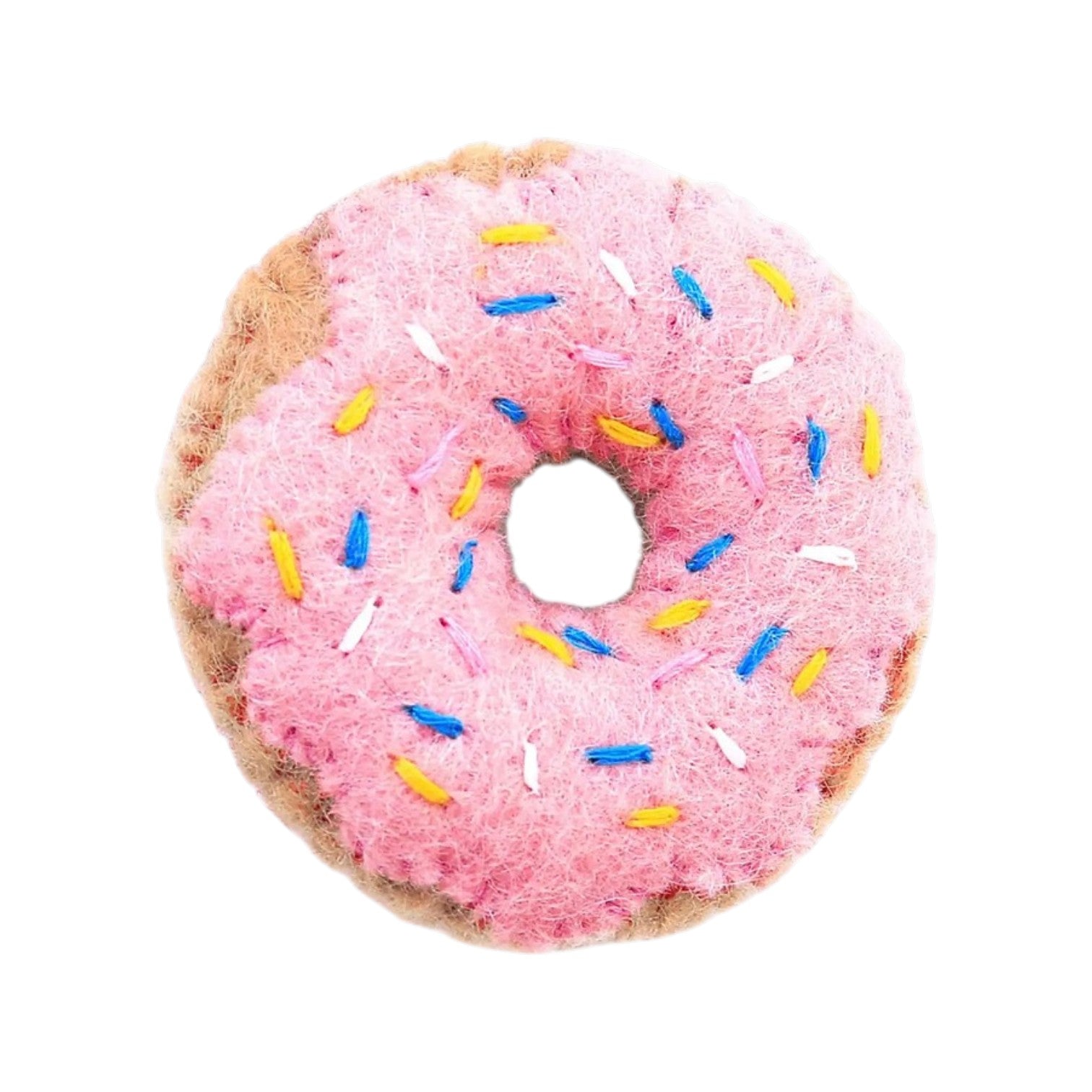 The Foggy Dog Strawberry Donut Cat Toy features pink frosting and colorful sprinkles on fuzzy felt, handcrafted for your pet. This soft, donut-shaped toy adds charm and fun to playtime. Shown on a white background.