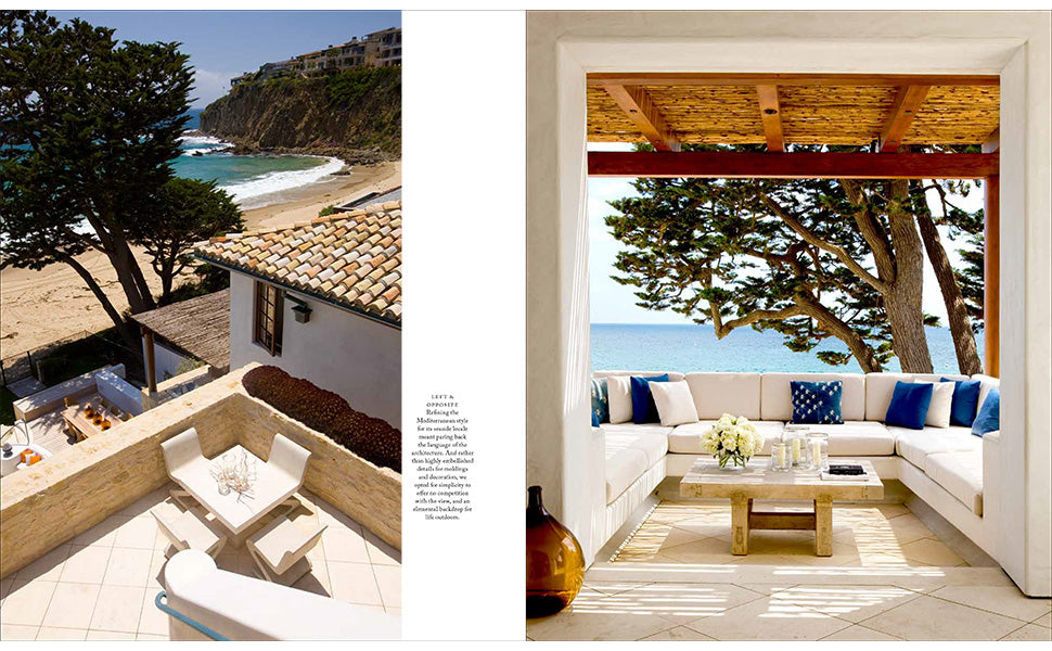 Left: Patio with table overlooking a sandy beach and cliffs, featuring elements of traditional architecture. Right: Covered outdoor seating area with ocean view, white walls, and blue-accented cushions that reflect classic California architecture—spaces inspired by the design vision in *Shaping the World As A Home* from Rizzoli.