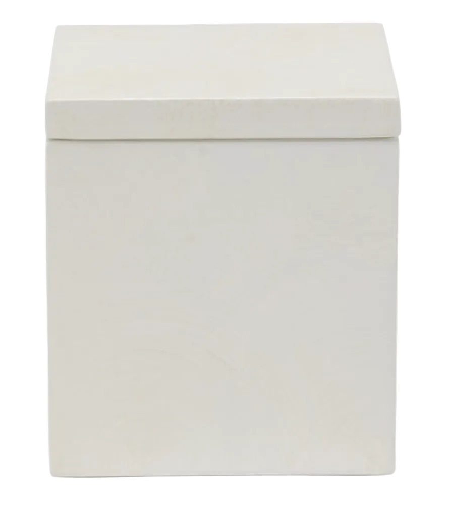 Square white lidded box from the Pigeon & Poodle Navagio Bath Collection.