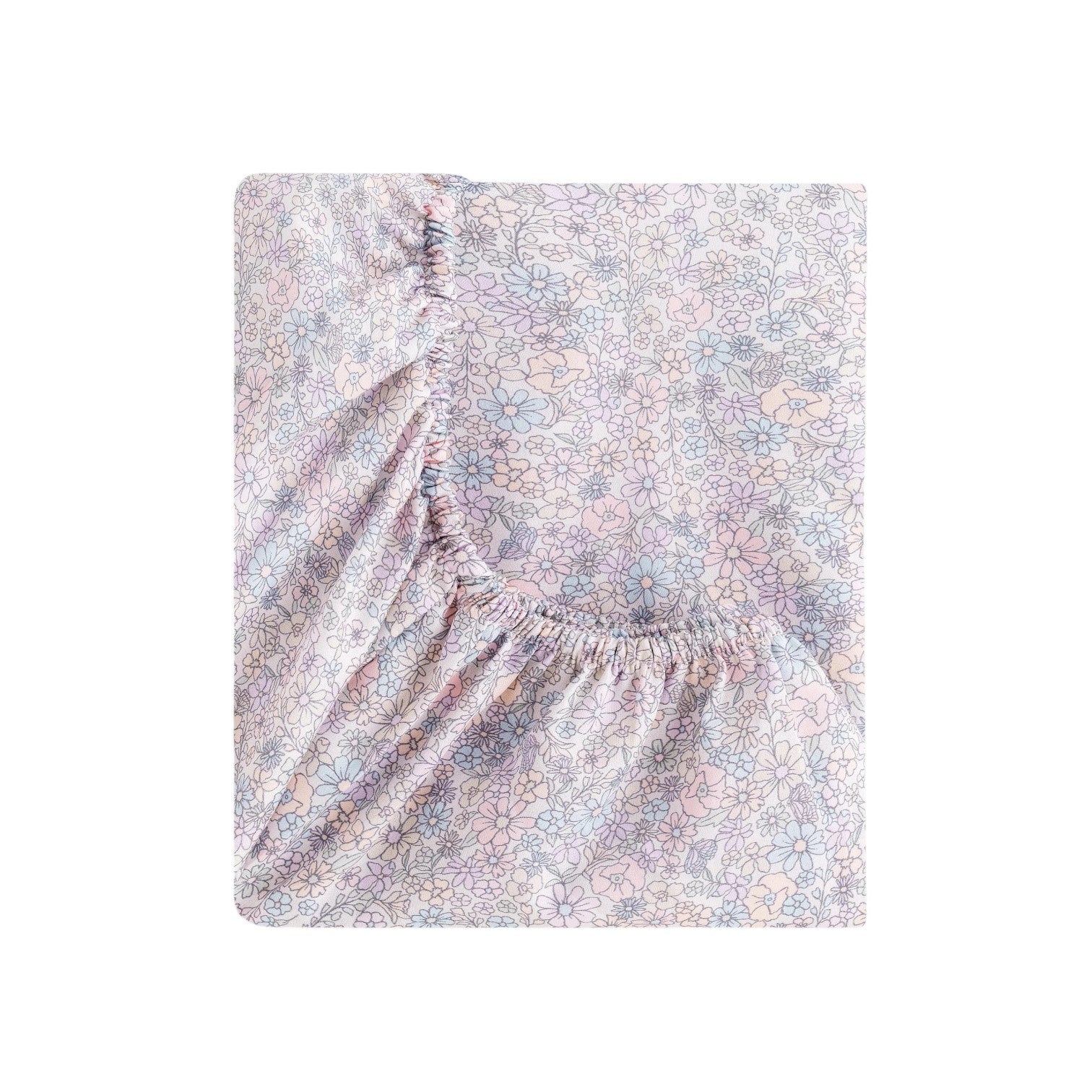 The Enchanted Wildflowers Bedding Collection by Gooselings features a folded fitted sheet with a pastel floral pattern, elastic edges, and OEKO-TEX certified pure materials, displayed on a white background.