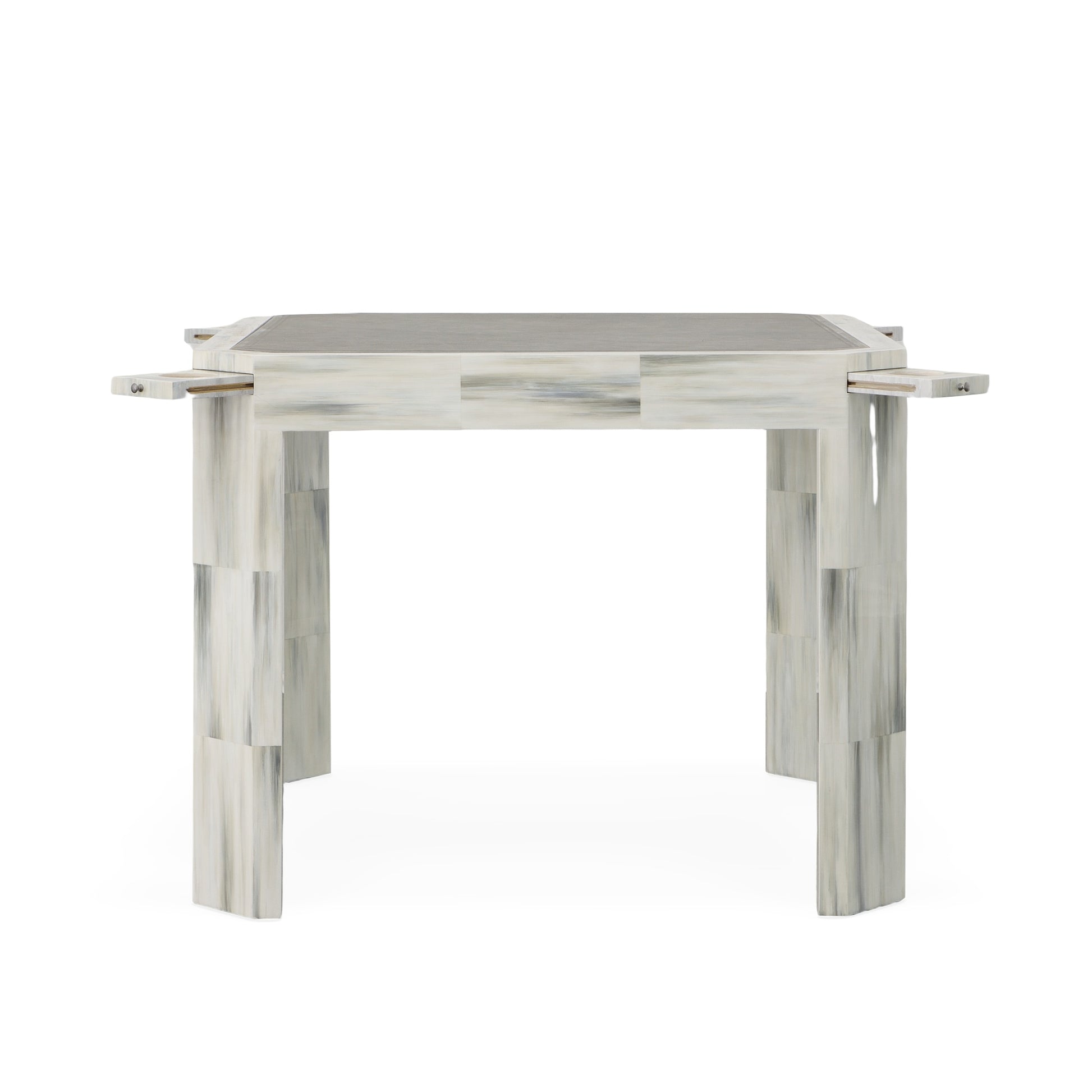 The Compositions Game Table by Century Furniture features a patchwork design, four sturdy legs, a smooth grayish-white tabletop, and elegant faux horn accents for added sophistication.