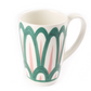 Decorative fine porcelain mug with green and pink Themis Z Symi Green and Pink Collection pattern on a white background.