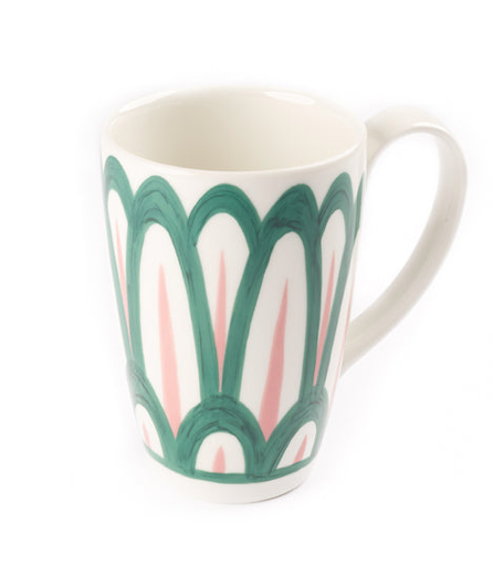 Decorative fine porcelain mug with green and pink Themis Z Symi Green and Pink Collection pattern on a white background.