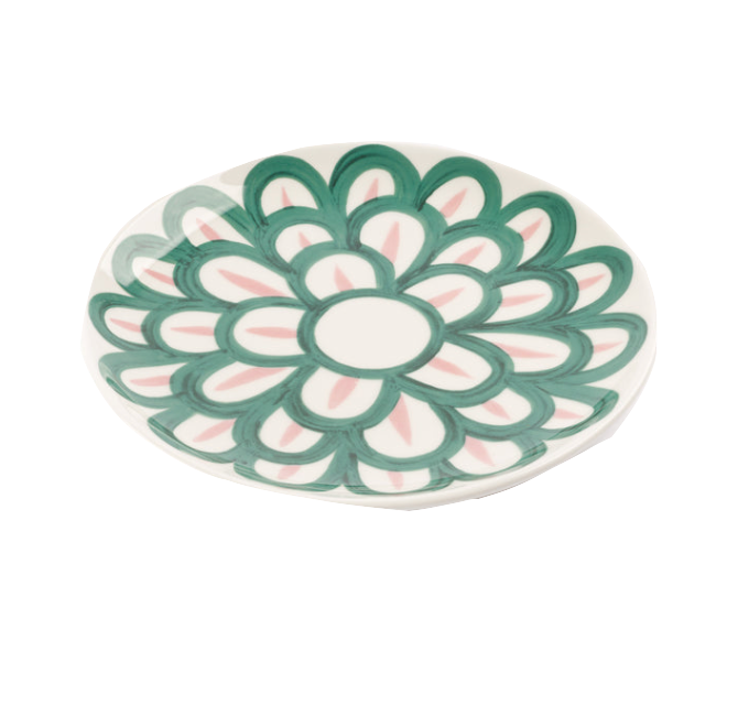 A decorative fine porcelain plate from the Themis Z Symi Green and Pink Collection by Themis Z with a Symi pattern in green and pink on a white background.