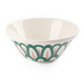 Ceramic bowl with Themis Z Symi Green and Pink Collection pattern on white background.