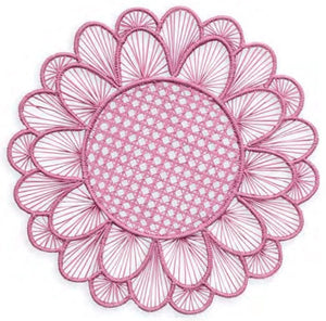 The Symi Rattan Placemat Collection by Themis Z features a round, pink placemat with a woven center and petal-shaped edges, handcrafted by Colombian artisans and shown on a white background.