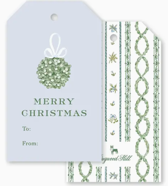 Two rectangular Jardin De Noel Blue Gift Tags in light blue and green with a mistletoe illustration, “Merry Christmas” text, and space for “To:” and “From:”.