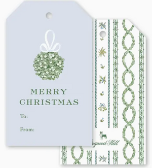 Two rectangular Jardin De Noel Blue Gift Tags in light blue and green with a mistletoe illustration, “Merry Christmas” text, and space for “To:” and “From:”.