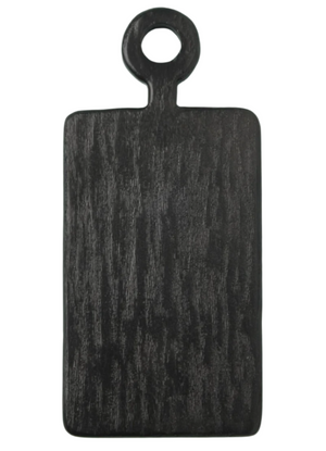 The Be Home Arendal Micro Rectangular Board is a black mango wood cutting board with natural striations and a handled design featuring a circular hole, photographed on white. Ideal as a handcrafted platter for serving or prep.