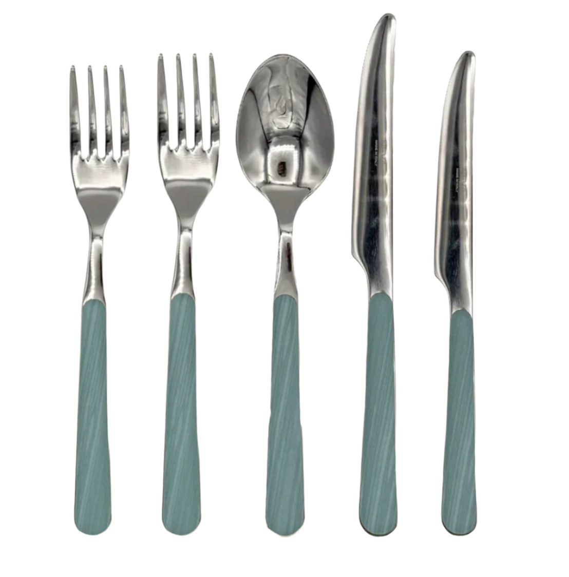 The Duggan Society Abril Blue 5 Piece Flatware Set features two forks, one spoon, and two knives with silver tops and teal handles, elegantly arranged side by side on a white background.